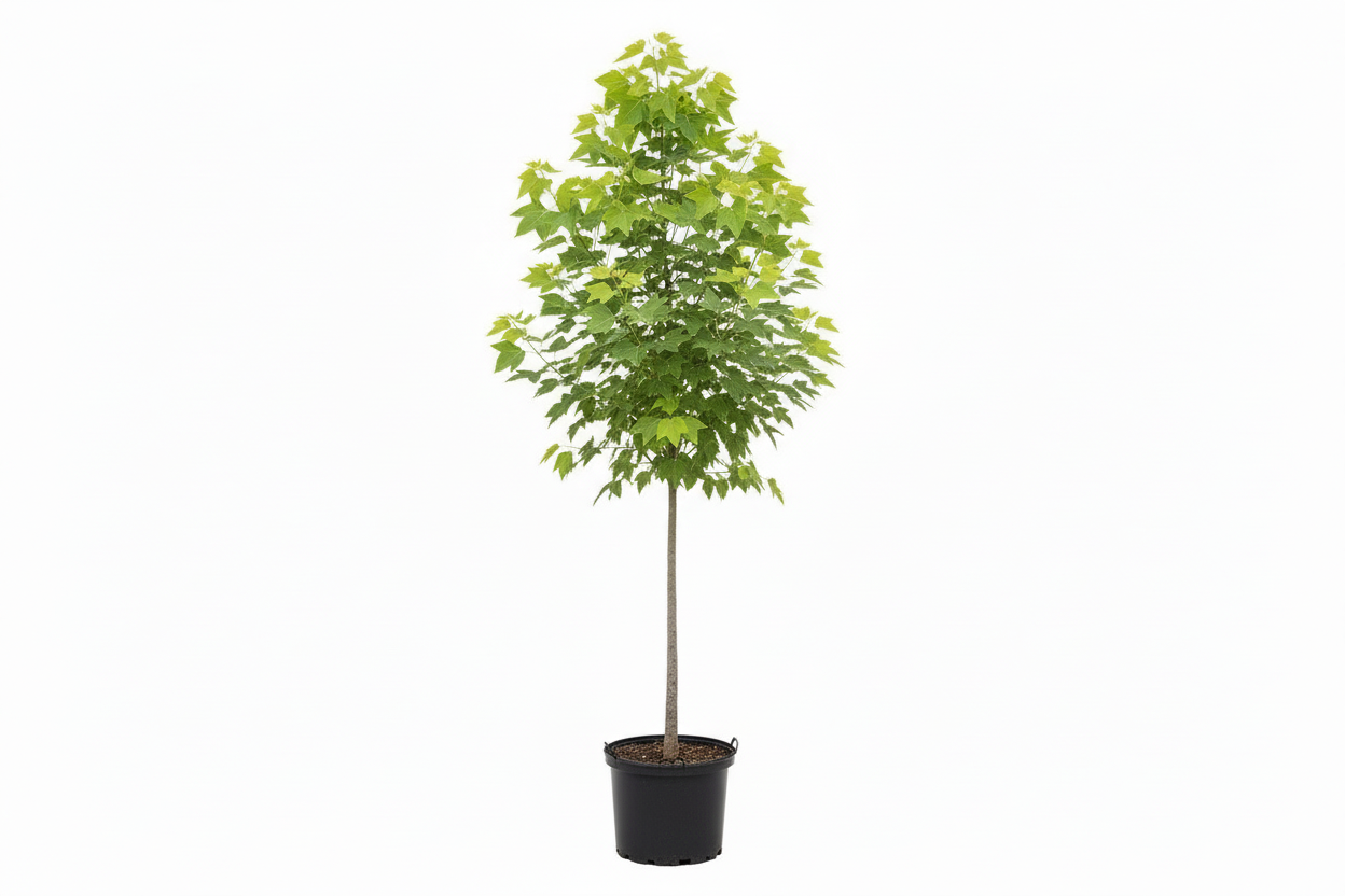 Young green shade tree in a black nursery pot with a straight trunk and full leafy canopy, isolated on a white background