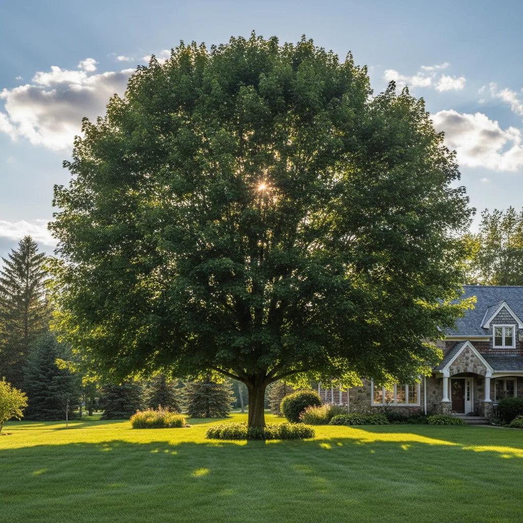 Mature shade trees displaying fall colors in Zone 4 northern landscape