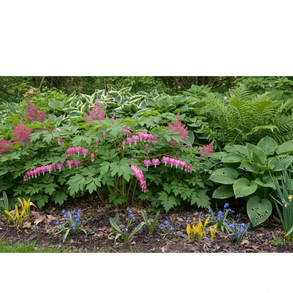 Layered shade garden showing succession planting with multiple bloom times