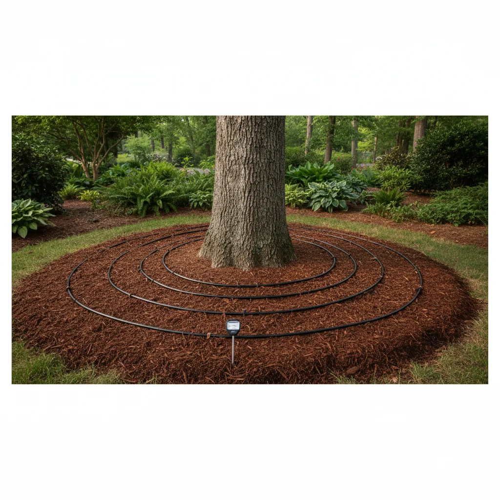 Drip irrigation system and mulch application around shade tree base