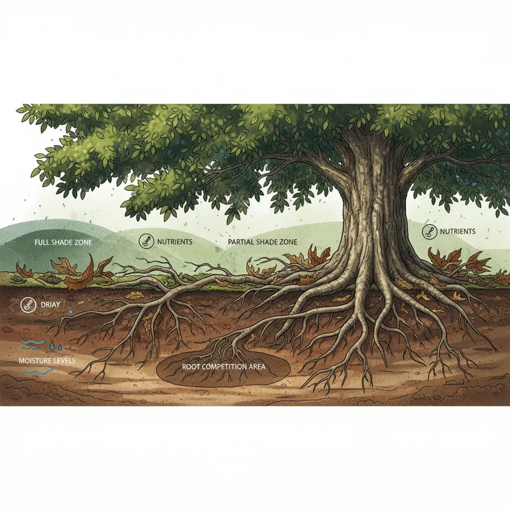 Cross-section showing tree root competition and light levels under tree canopy
