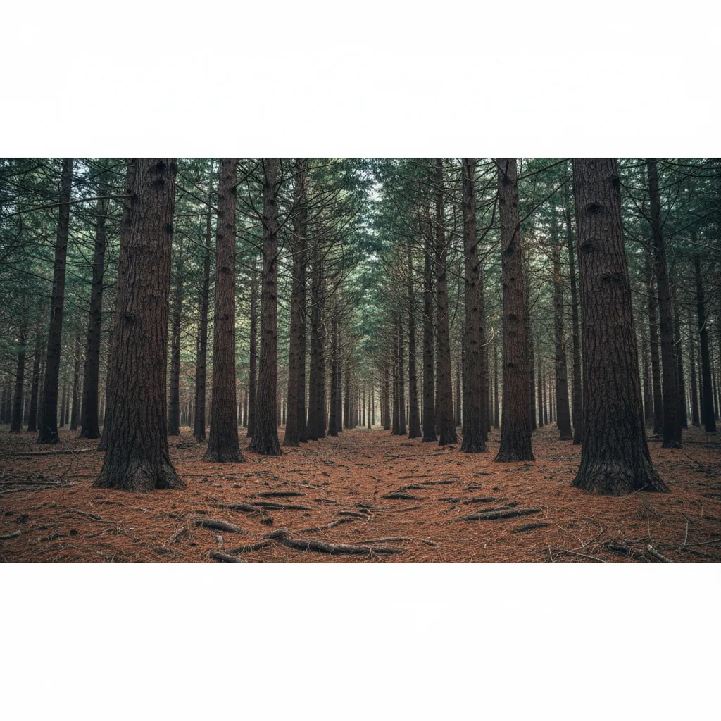Dense pine tree canopy showing shallow root system and needle-covered understory