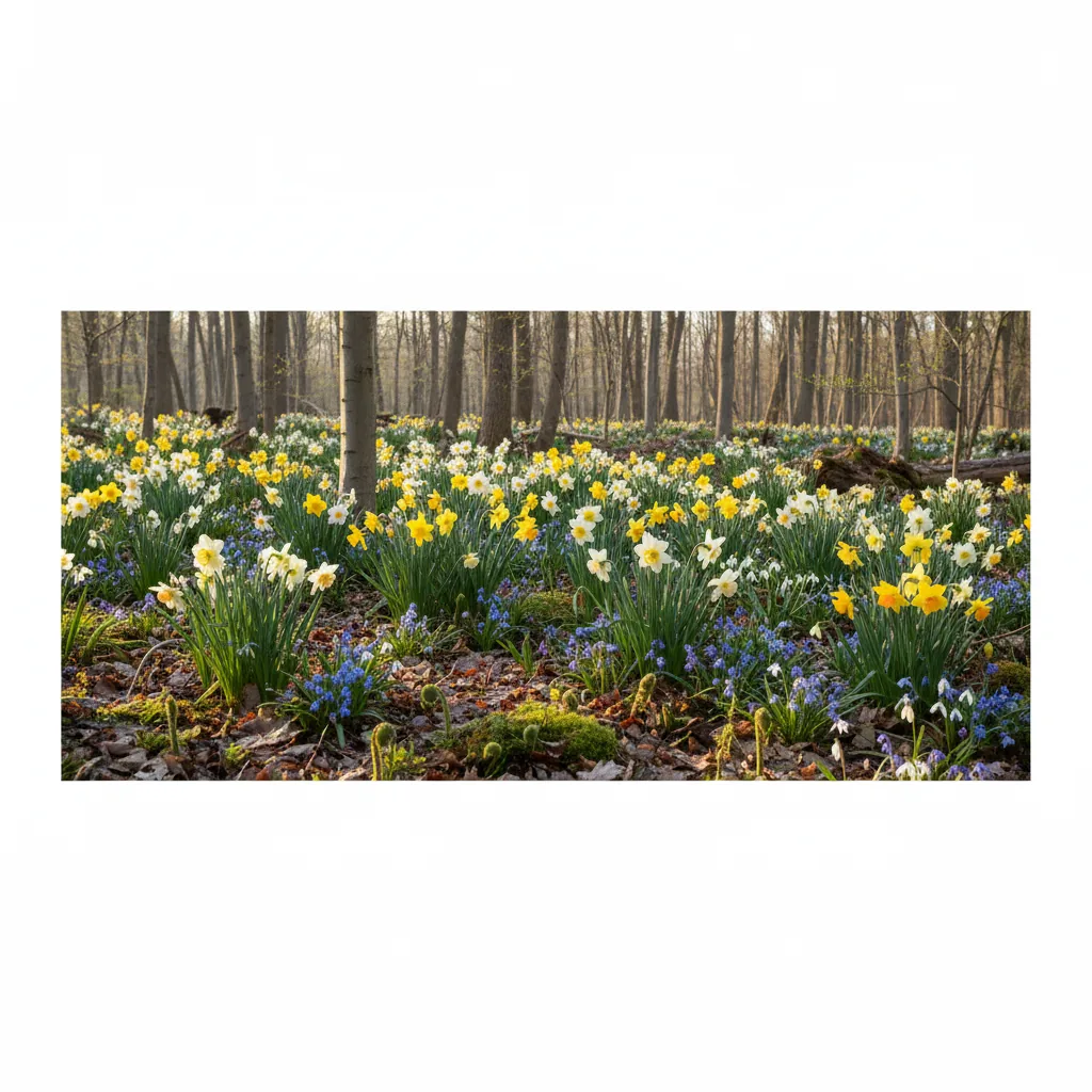 Spring bulbs naturalizing under shade trees creating early season garden color