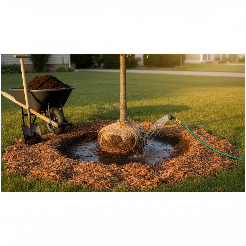 Detailed illustration showing proper planting depth, root ball placement, and soil amendments for shade trees
