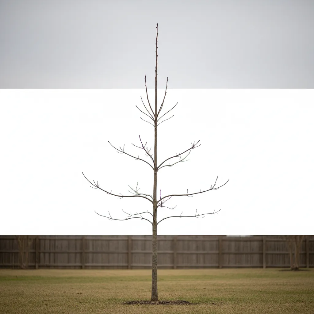 Young shade tree showing proper central leader and scaffold branch arrangement