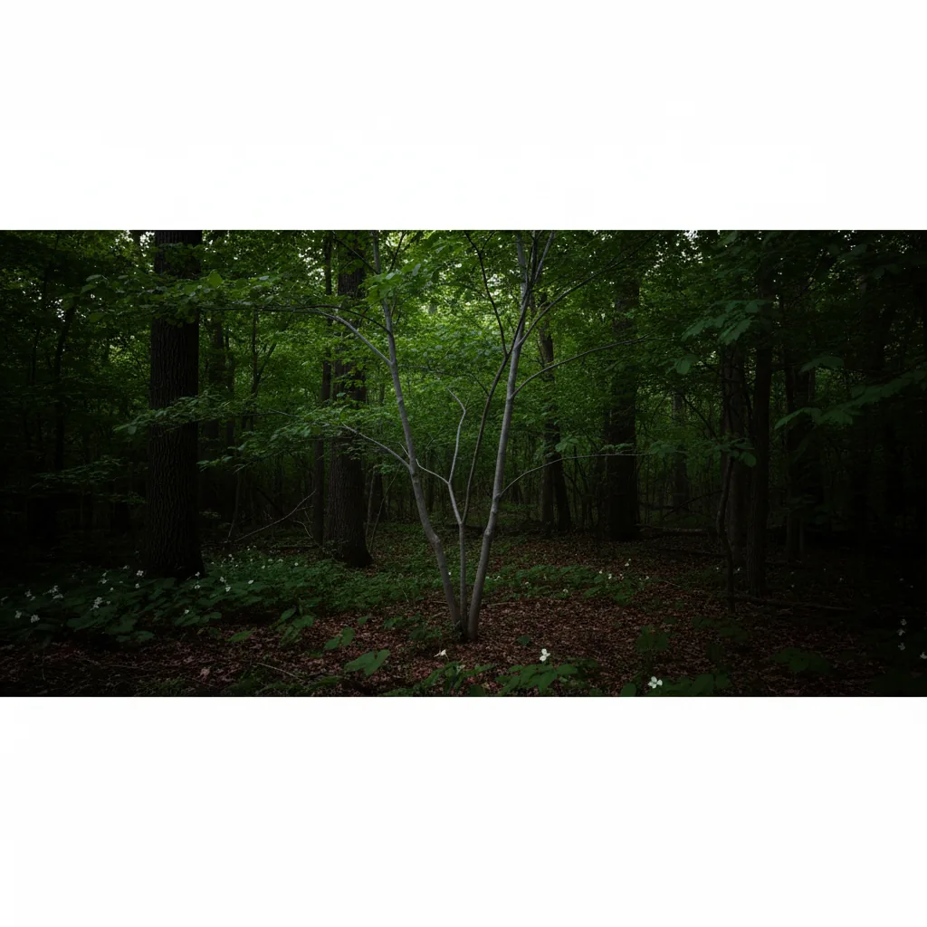 Native woodland understory trees thriving in deep shade beneath established canopy
