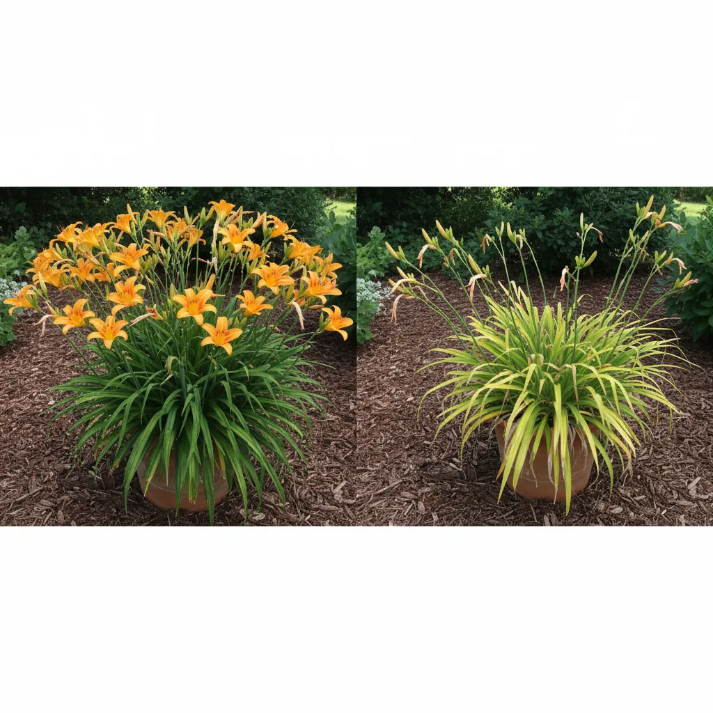 Comparison of healthy sun plant versus shade-stressed specimen showing etiolation and reduced flowering