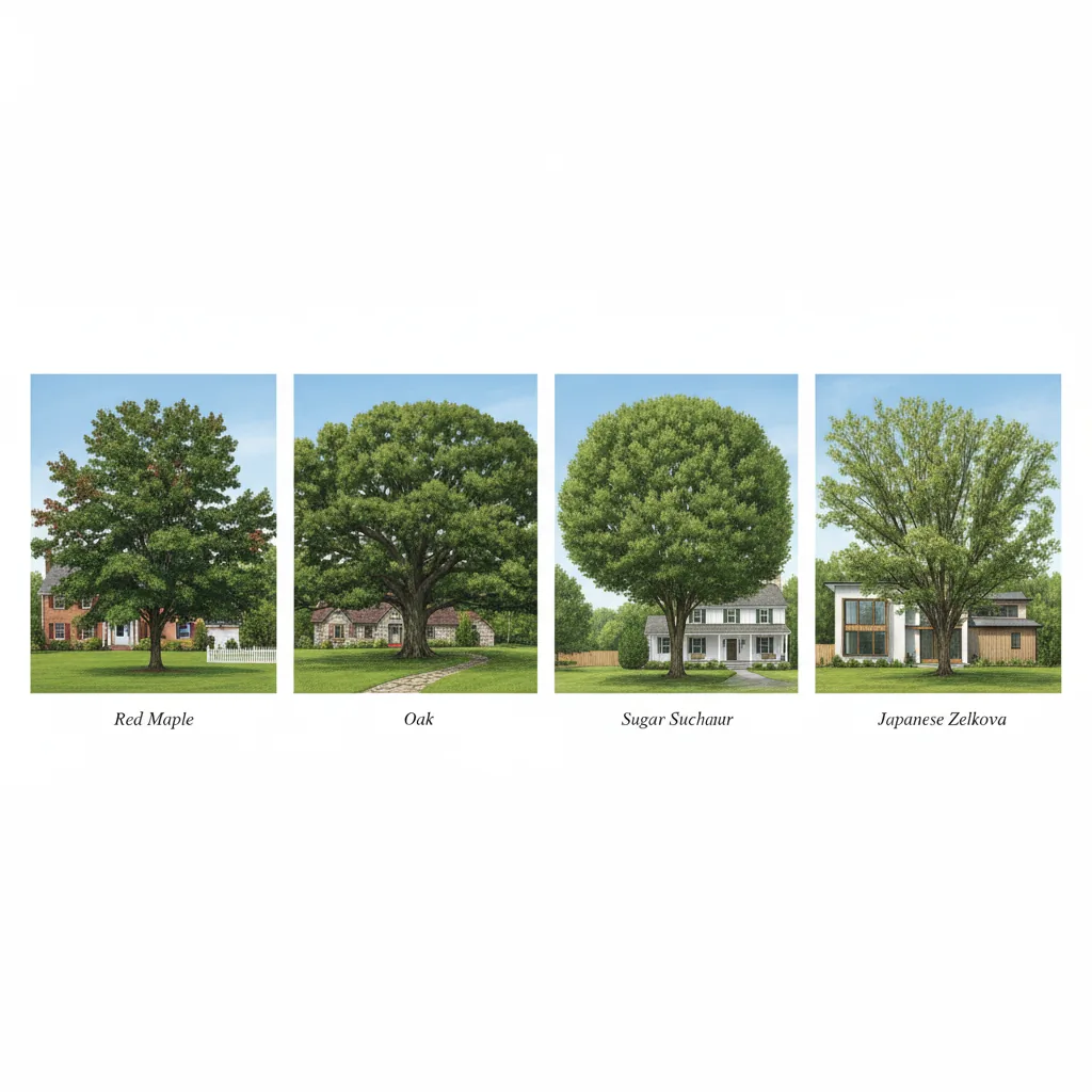 Visual comparison of popular deciduous shade trees showing mature canopy shapes and sizes
