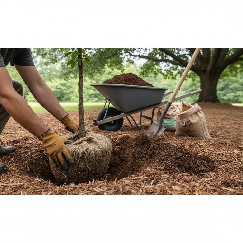 Proper planting technique showing soil amendment with organic matter for shade-grown tree establishment