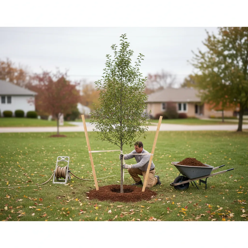 Proper shade tree planting technique showing hole depth and root ball positioning