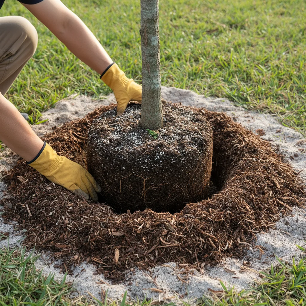 Proper tree planting technique showing layered organic matter in sandy Florida soil