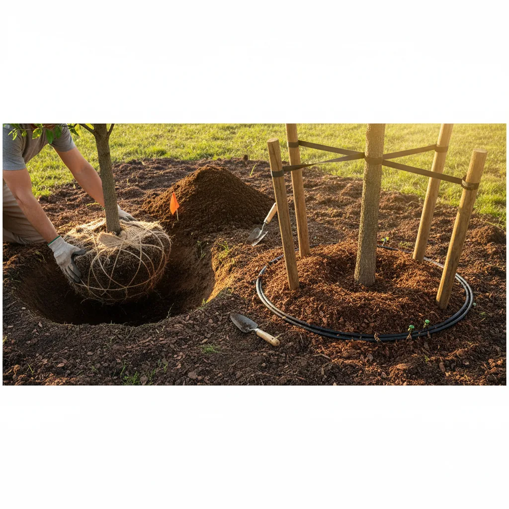 Illustrated guide showing proper tree planting depth, hole preparation, and staking methods