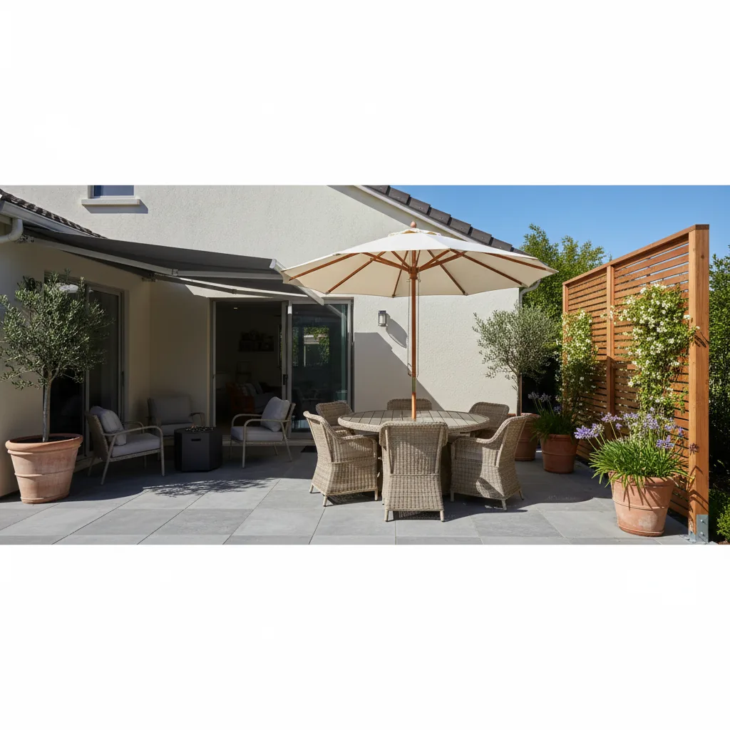 Motorized retractable awning extending over patio with LED lights