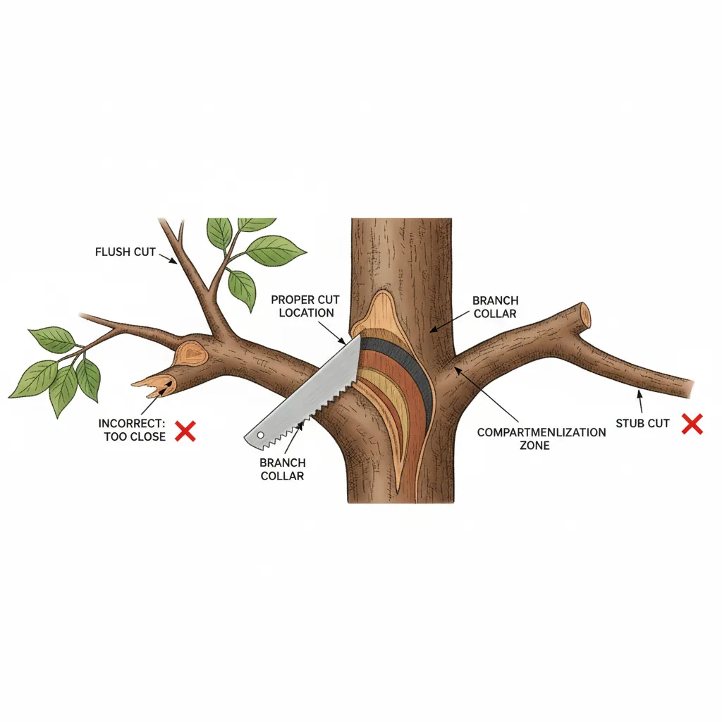 Detailed diagram showing proper branch collar location and correct pruning cut angles
