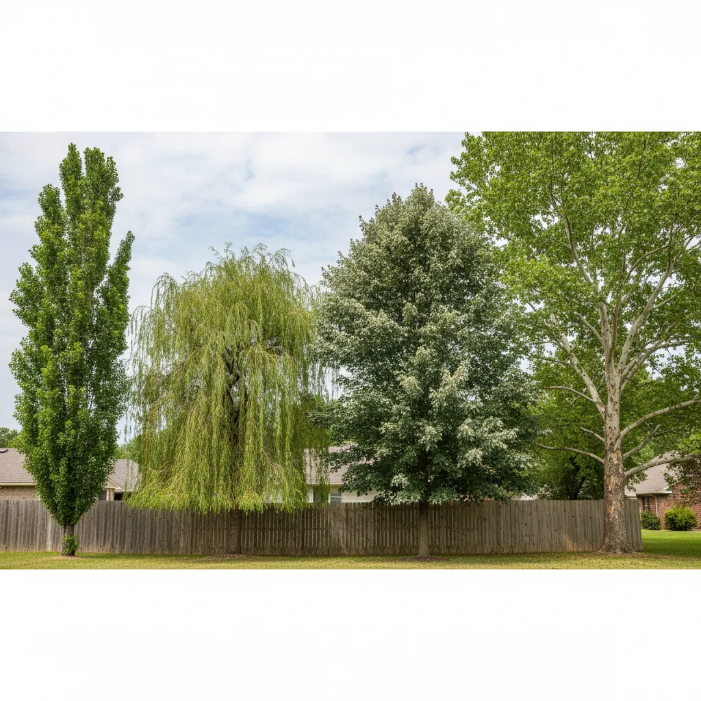Side-by-side comparison showing mature forms of hybrid poplar, weeping willow, and river birch trees
