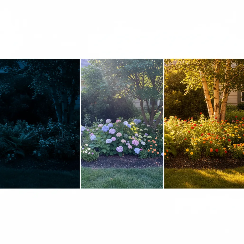 Different shade conditions showing full shade, partial shade, and dappled light in a garden setting