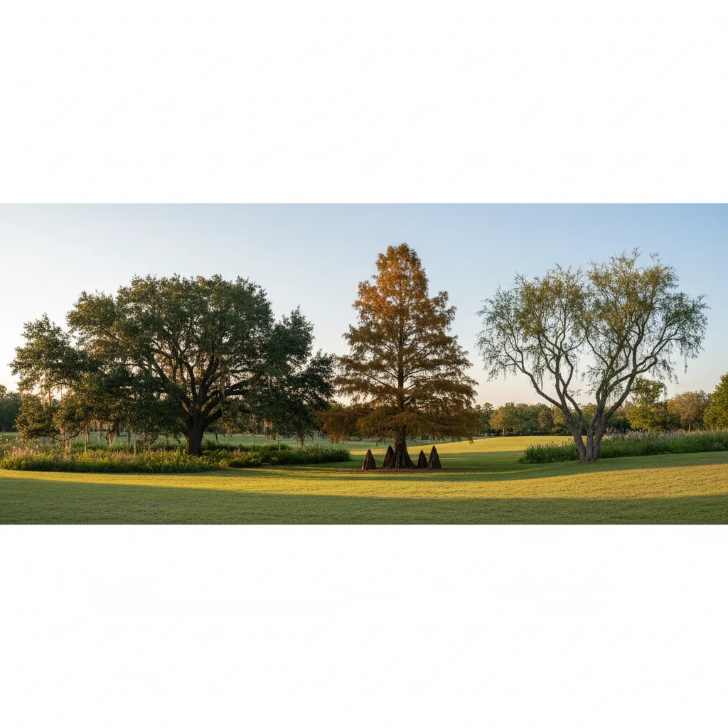 Native Zone 8 shade trees including live oak and bald cypress in landscape setting