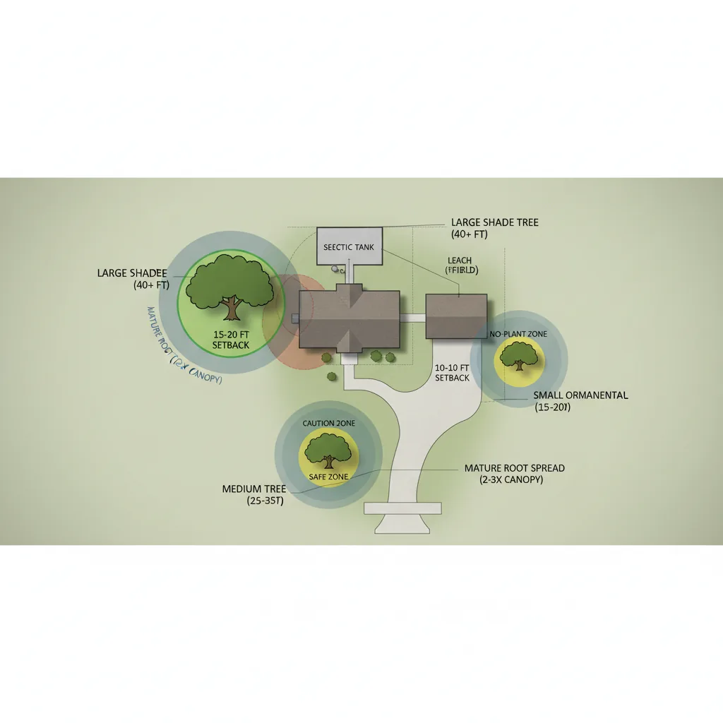 Overhead diagram showing recommended tree planting distances from house, driveway, and septic system