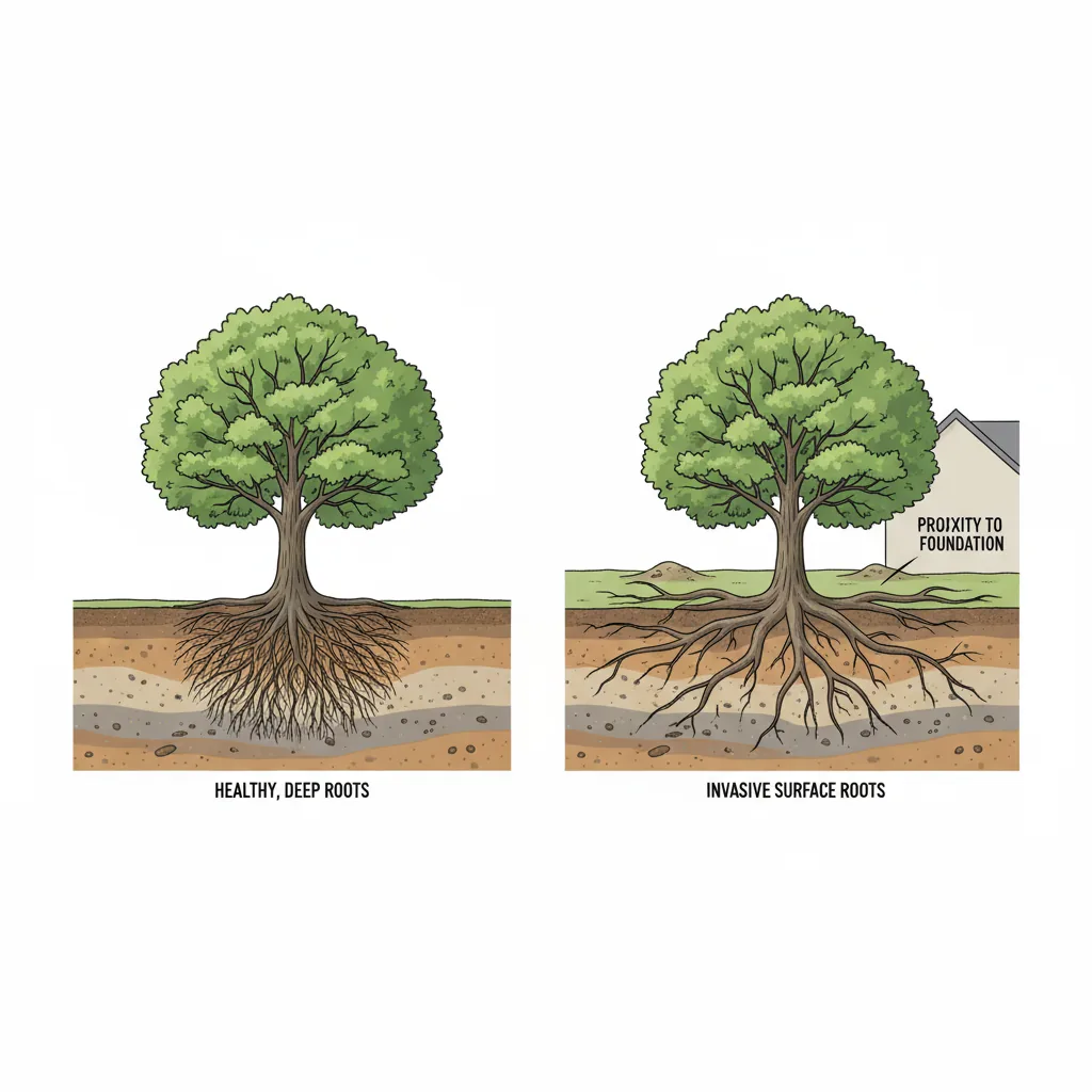 Cross-section diagram comparing fibrous and taproot systems showing depth and spread patterns