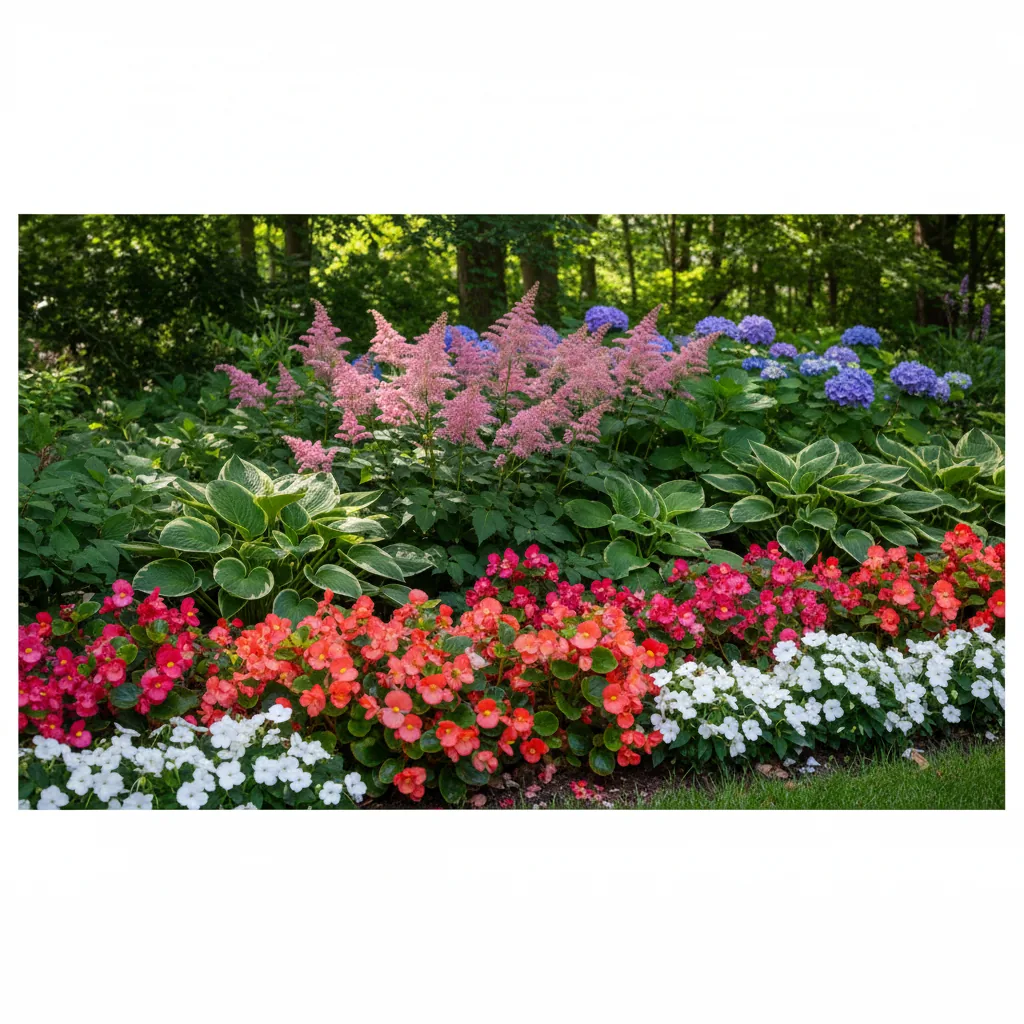 Summer flowering shade perennials including astilbe and begonias in peak bloom
