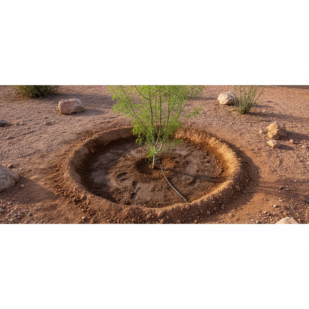 Diagram showing proper basin irrigation setup around newly planted tree