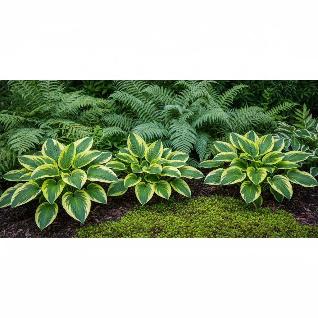 Diverse foliage textures showing hostas, ferns, and ground covers in a shade garden