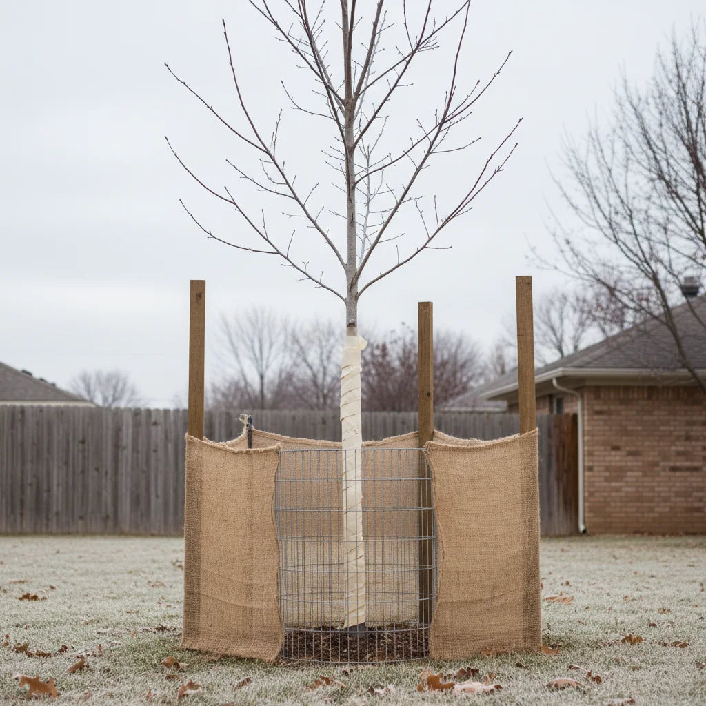 Young shade tree with winter protection wrapping demonstrating proper care techniques for Zone 5