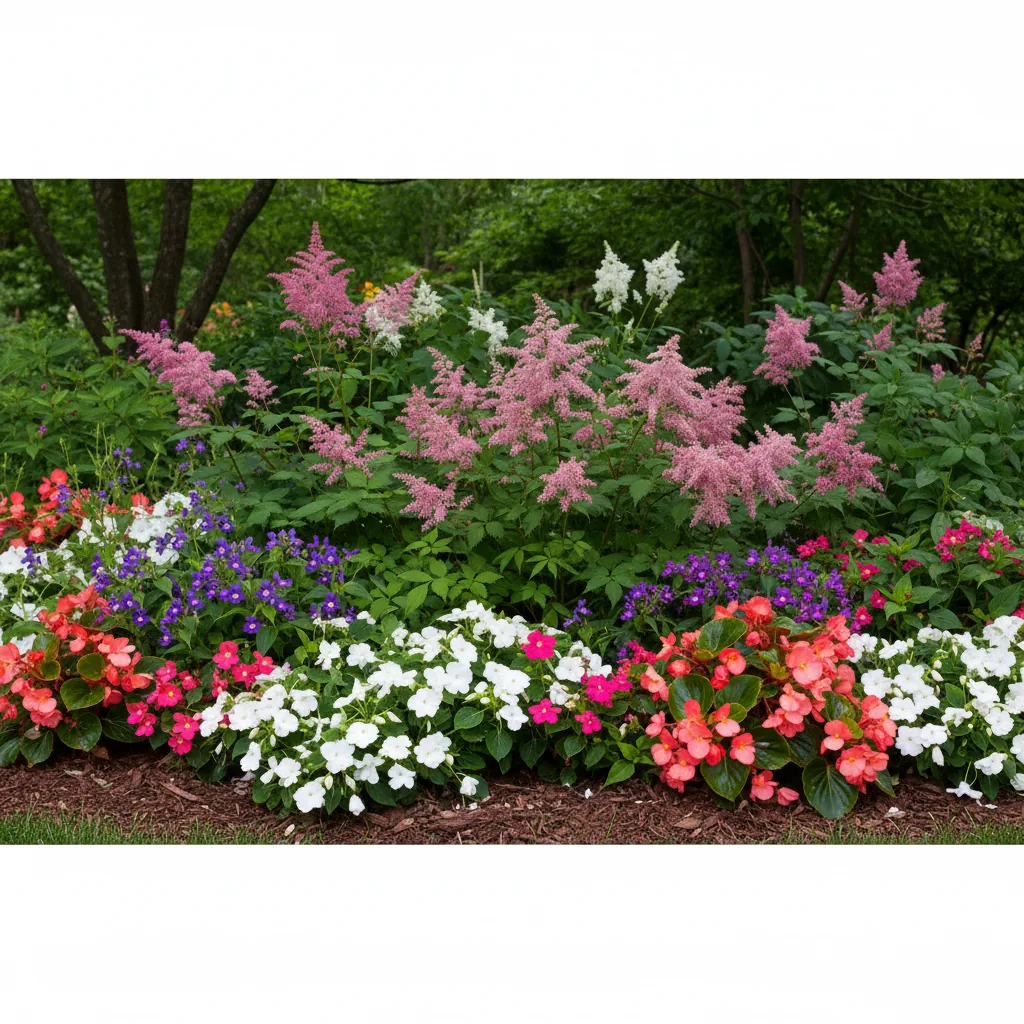 Colorful flowering shade plants including bleeding hearts, astilbe, and impatiens