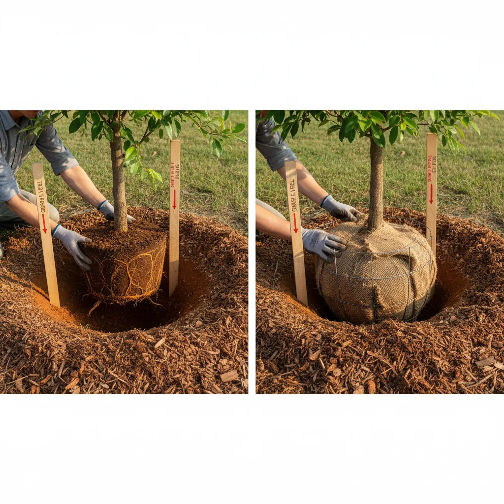 Proper planting depth and root ball positioning for shade trees