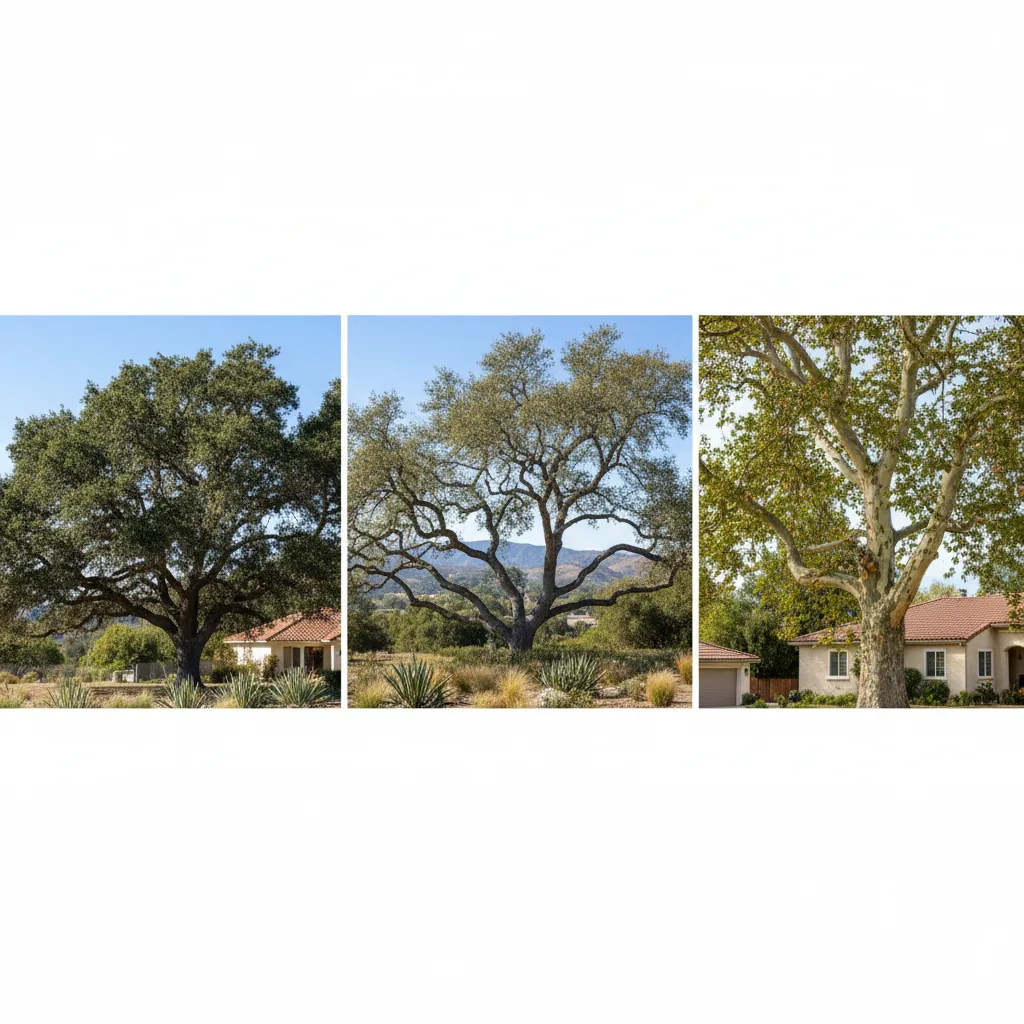 Collection showing native California shade trees including oak and sycamore specimens