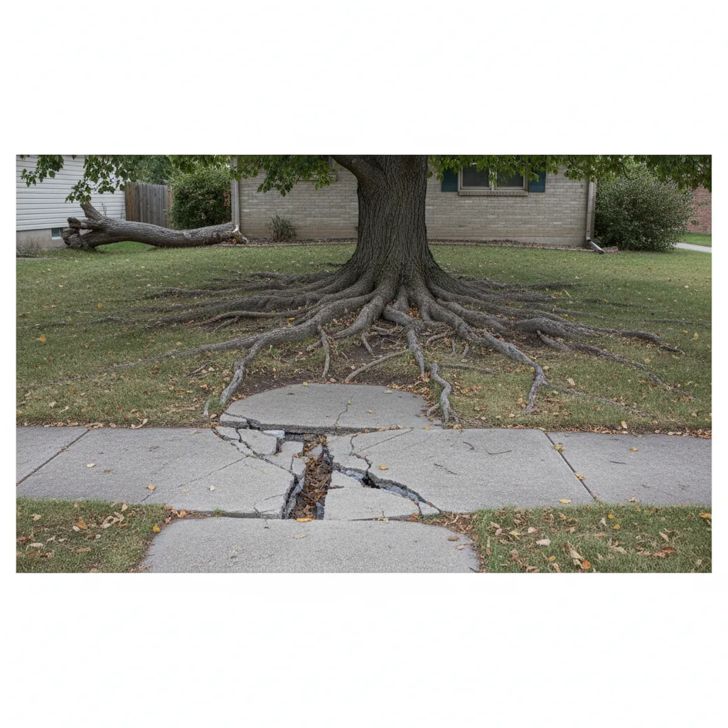 Examples of problem shade trees showing root damage and structural issues
