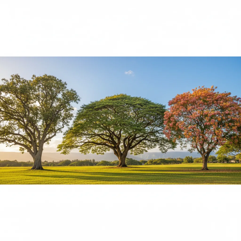 Diverse Hawaiian shade trees displaying different canopy shapes and leaf patterns