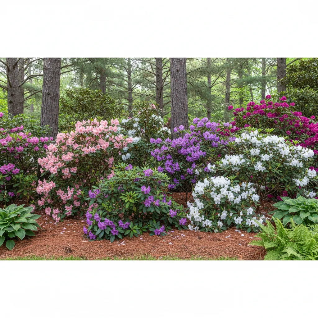 Thriving azaleas and rhododendrons growing in pine tree understory