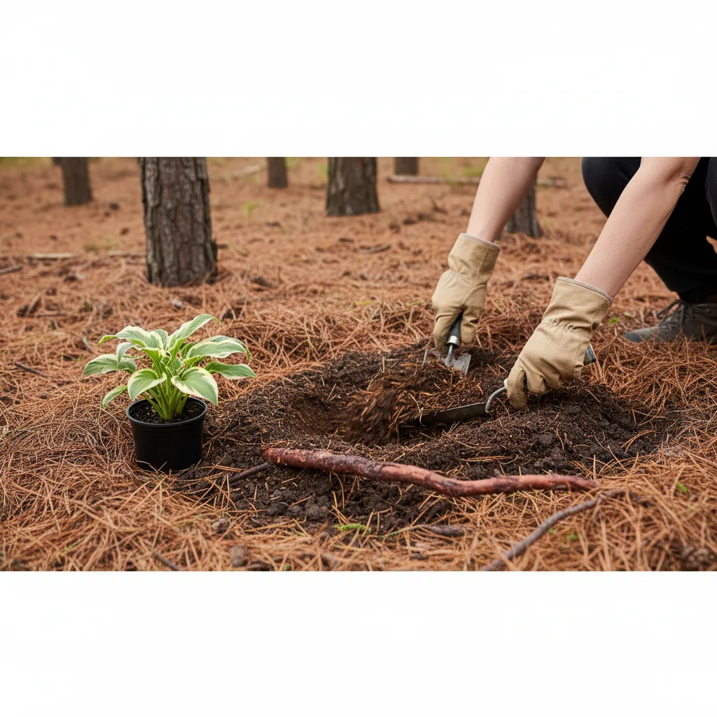 Proper soil preparation and planting technique under pine trees