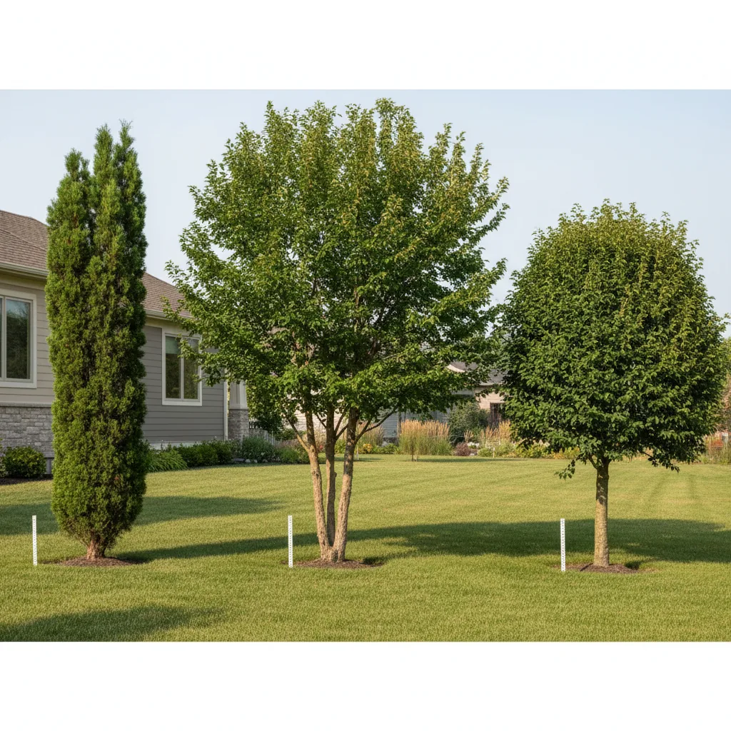 Comparison of columnar, vase-shaped, and rounded canopy forms showing different tree shapes suitable for small yards