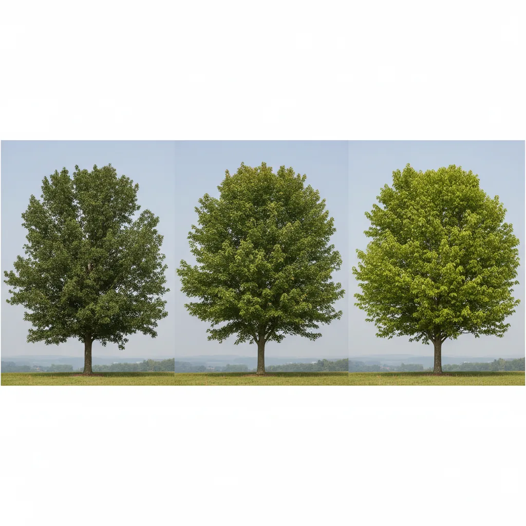 Side-by-side comparison of popular shade tree species showing leaf shapes and growth characteristics