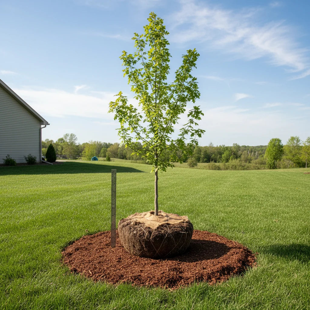 Proper tree planting technique showing correct depth and root flare positioning for Zone 5 shade trees