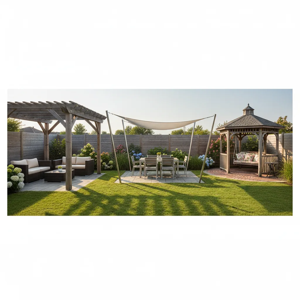 Pergola with retractable canopy providing adjustable shade over patio furniture