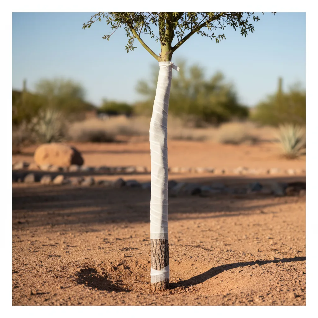 Young tree trunk wrapped with protective material to prevent sunscald damage
