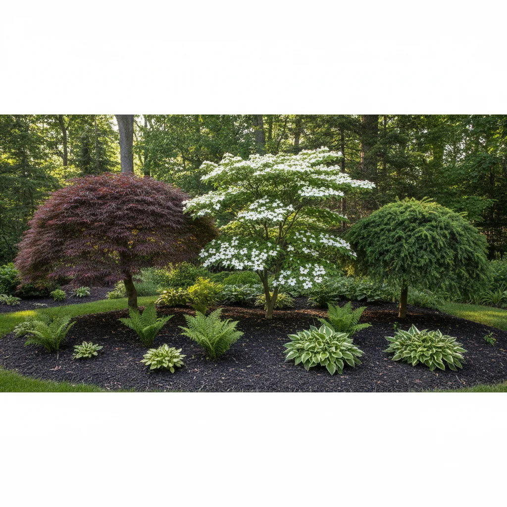 Comparison of dwarf trees including Japanese maples, flowering dogwoods, and dwarf conifers thriving in partial shade conditions