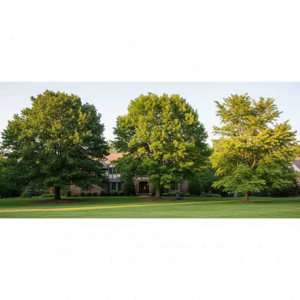 Mature shade trees with visible root zones showing compact growth patterns near residential structures