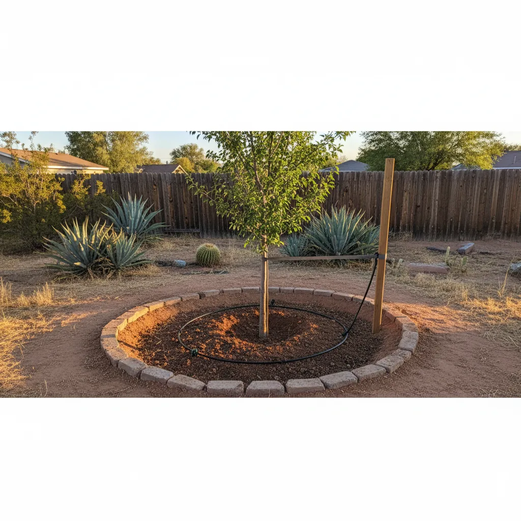 Proper tree planting technique showing correct depth and watering basin configuration
