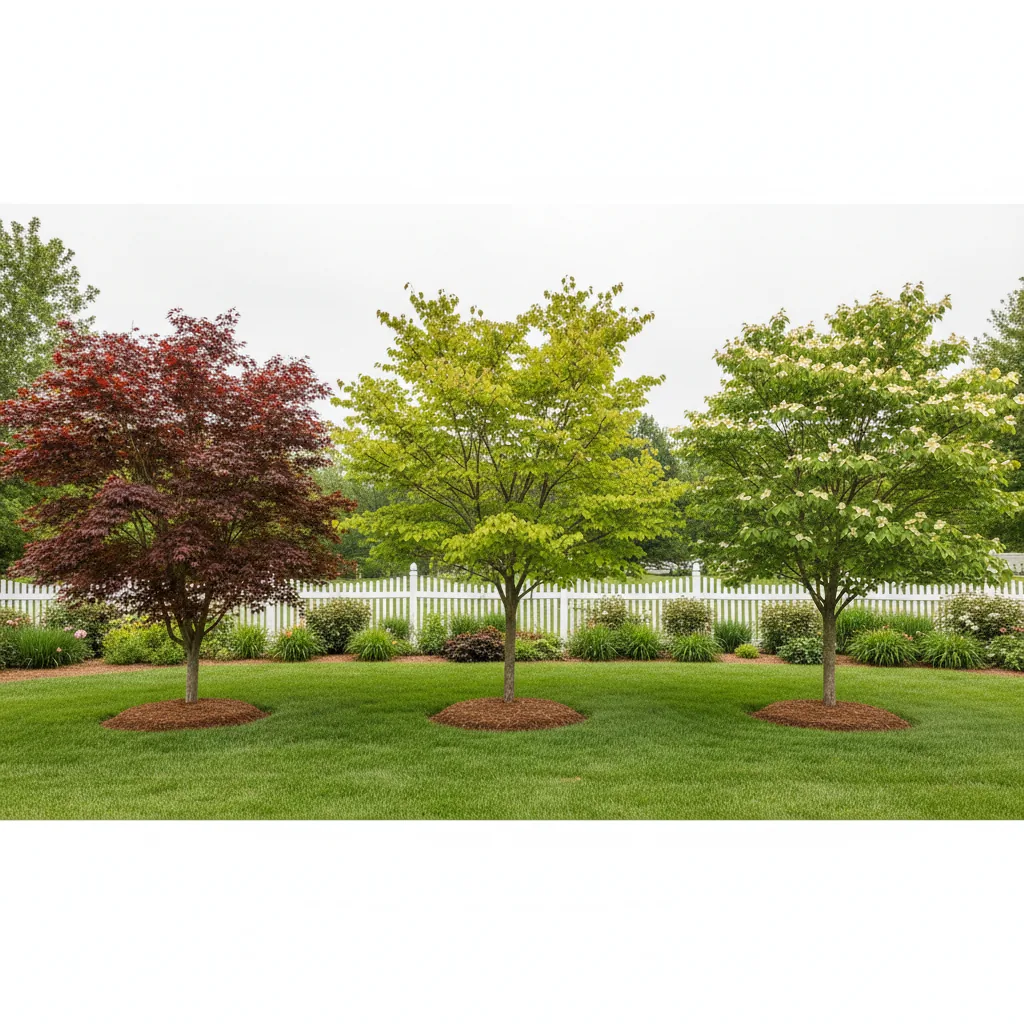 Visual comparison showing Japanese maple, redbud, and serviceberry trees displaying their distinctive characteristics and sizes