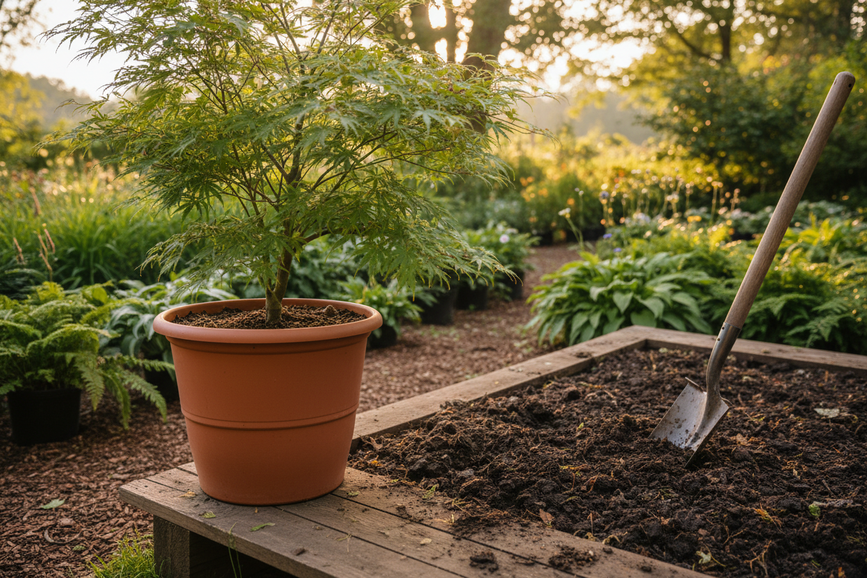 A potted shade tree plant placed beside freshly prepared garden soil, shovel partially visible, outdoor garden setting, soft morning light, realistic lifestyle gardening nursery photo, natural colors, sense of readiness and care