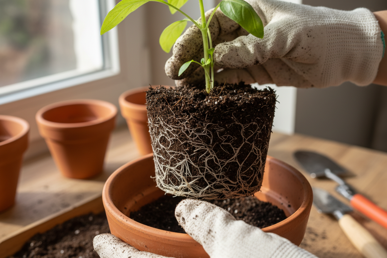 A young plant being gently removed from a pot to show a well-developed root system, roots healthy and white, soil intact, hands holding the root ball carefully, natural light, earthy tones, realistic gardening photography