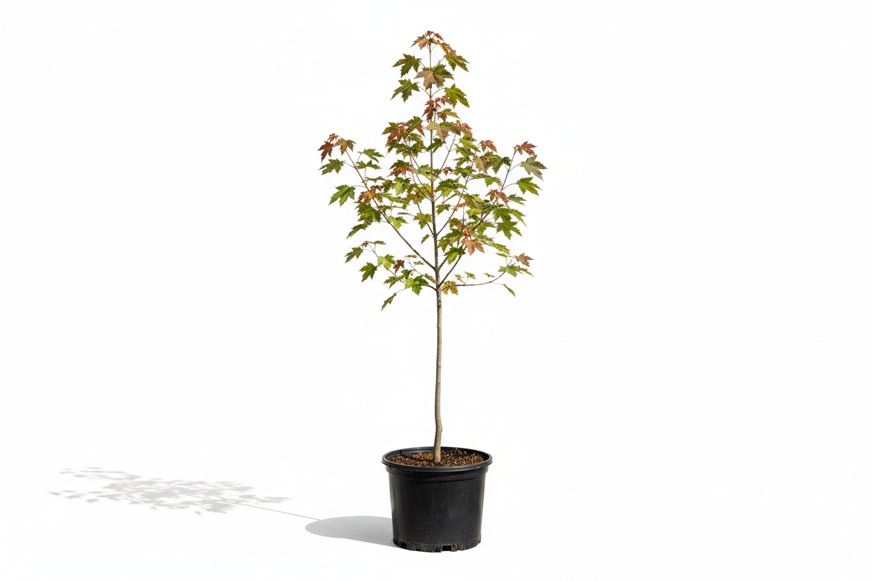 October Glory maple tree in a 7 gallon black nursery pot, approximately 3 to 4 feet tall, featuring upright growth and healthy green foliage, photographed on a white background.