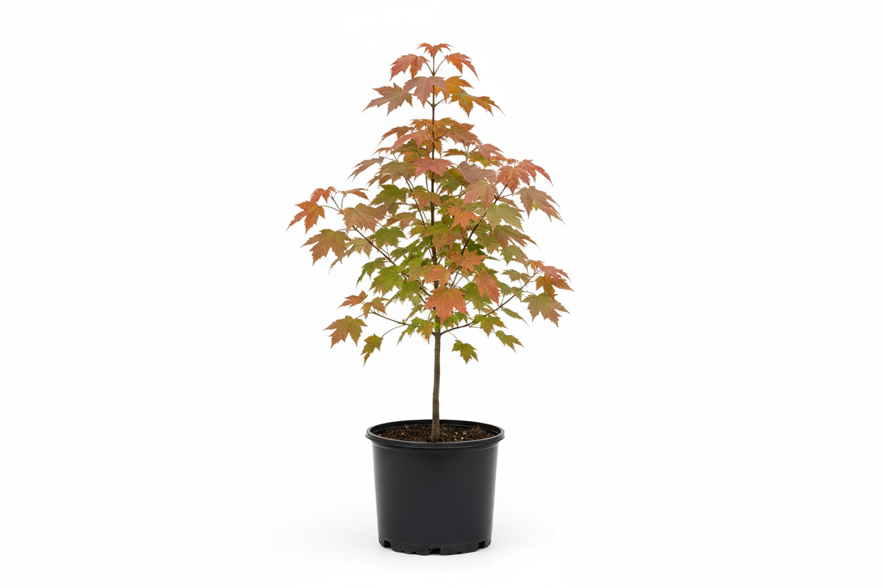 Young October Glory maple tree in a black 5-gallon nursery pot with healthy green and red leaves, photographed on a clean white background