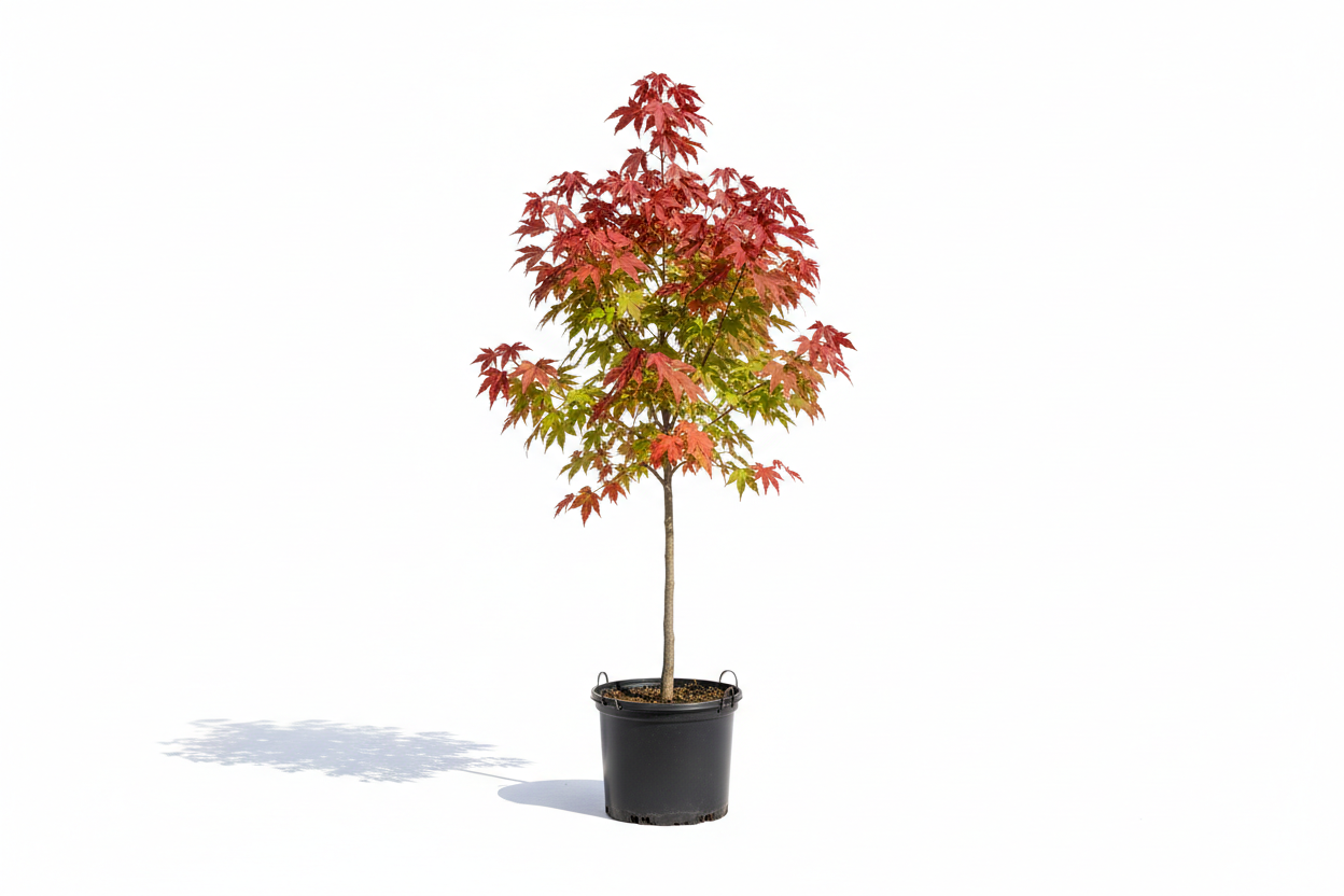 Juvenile red maple shade tree in a 5 gallon nursery pot, about 3 to 4 feet tall, displaying healthy branching and red-tinted leaves, isolated on a white background.