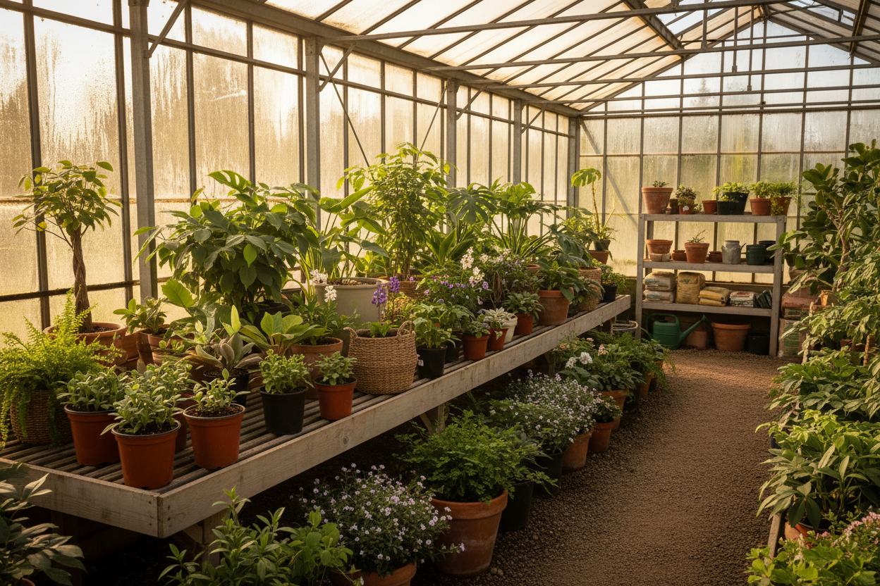 Several different potted plants arranged together in a greenhouse setting, plants at different growth stages, lush green foliage, natural daylight filtering through glass, realistic nursery environment, calm and inviting mood